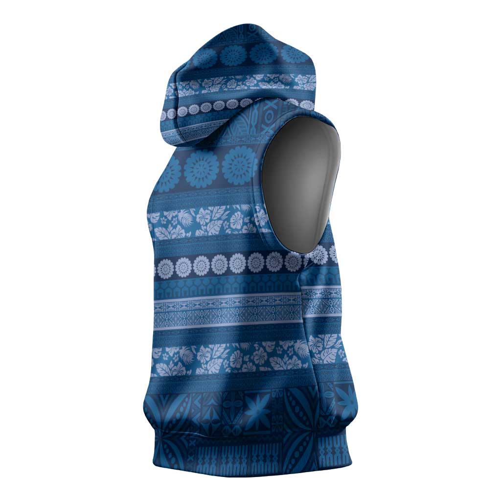 Fiji Marau na Kerisimasi Sleeveless Hoodie Blue Tapa Masi Inspired Christmas - Polynesian Pride