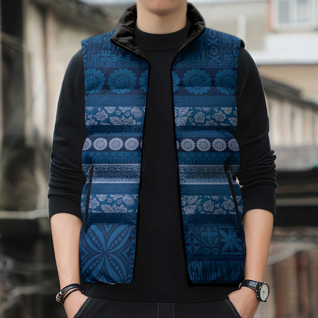 Fiji Marau na Kerisimasi Sleeveless Puffer Jacket Blue Tapa Masi Inspired Christmas - Polynesian Pride