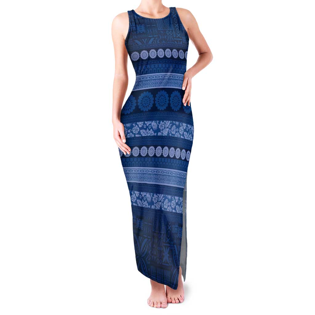 Fiji Marau na Kerisimasi Tank Maxi Dress Blue Tapa Masi Inspired Christmas - Polynesian Pride