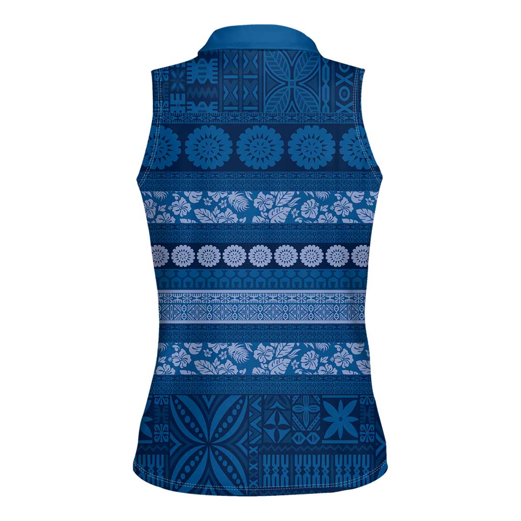 Fiji Marau na Kerisimasi Women Sleeveless Polo Shirt Blue Tapa Masi Inspired Christmas - Polynesian Pride
