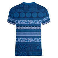 Fiji Marau na Kerisimasi Women V-Neck T-Shirt Blue Tapa Masi Inspired Christmas - Polynesian Pride