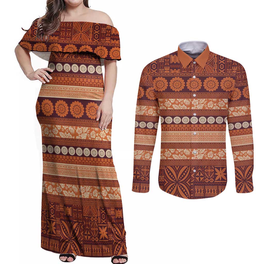 Fiji Marau na Kerisimasi Couples Matching Off Shoulder Maxi Dress and Long Sleeve Button Shirt Gold Tapa Masi Inspired Christmas - Polynesian Pride
