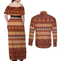 Fiji Marau na Kerisimasi Couples Matching Off Shoulder Maxi Dress and Long Sleeve Button Shirt Gold Tapa Masi Inspired Christmas - Polynesian Pride