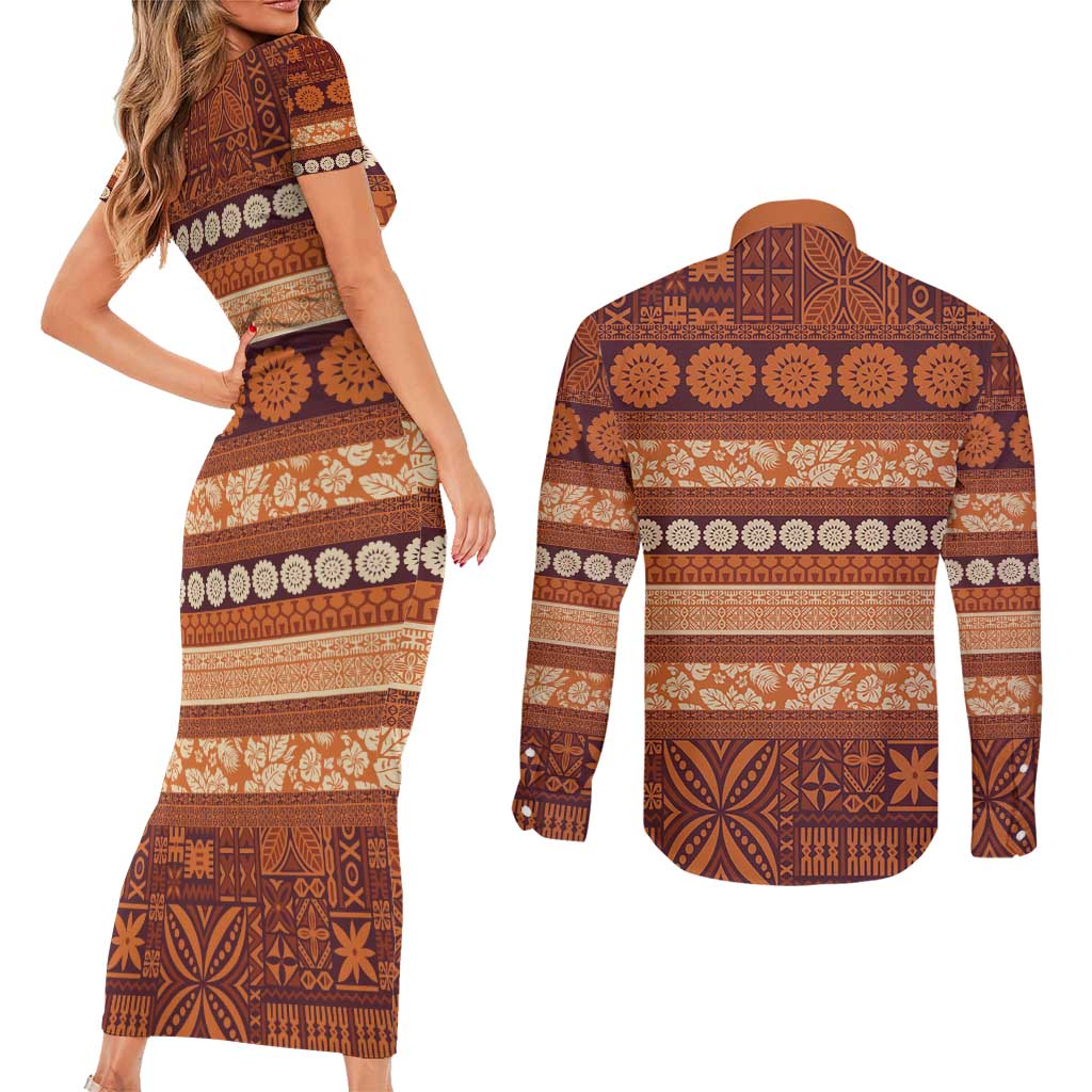 Fiji Marau na Kerisimasi Couples Matching Short Sleeve Bodycon Dress and Long Sleeve Button Shirt Gold Tapa Masi Inspired Christmas - Polynesian Pride