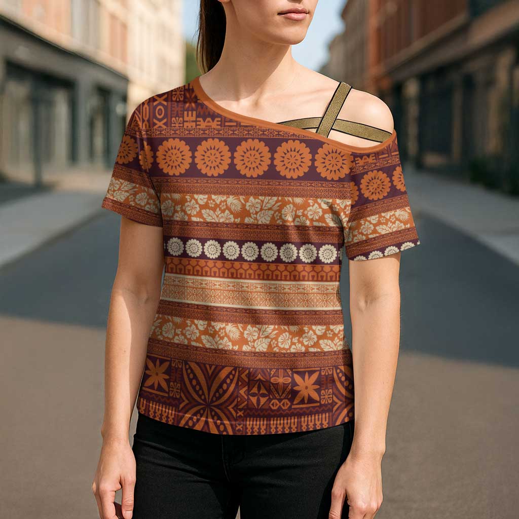 Fiji Marau na Kerisimasi Cross Shoulder Shirt Gold Tapa Masi Inspired Christmas - Polynesian Pride