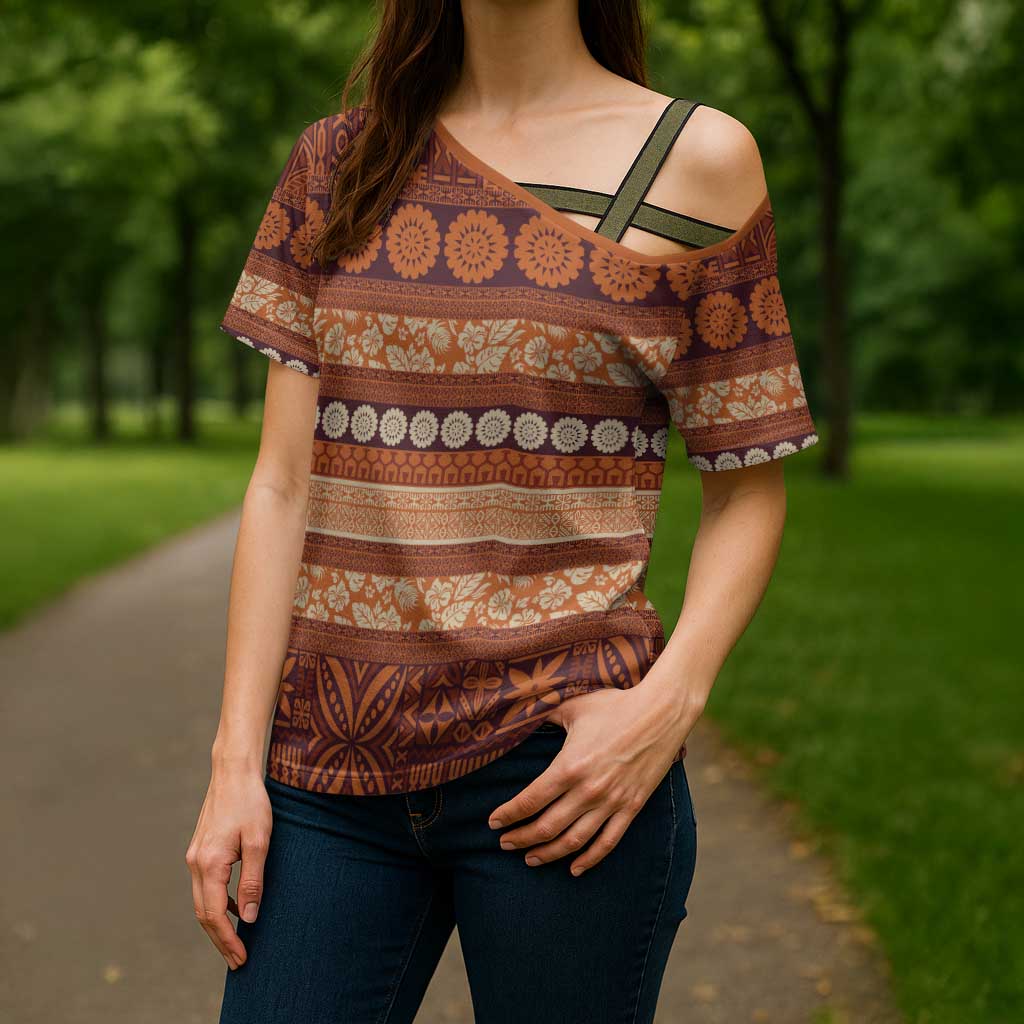 Fiji Marau na Kerisimasi Cross Shoulder Shirt Gold Tapa Masi Inspired Christmas - Polynesian Pride