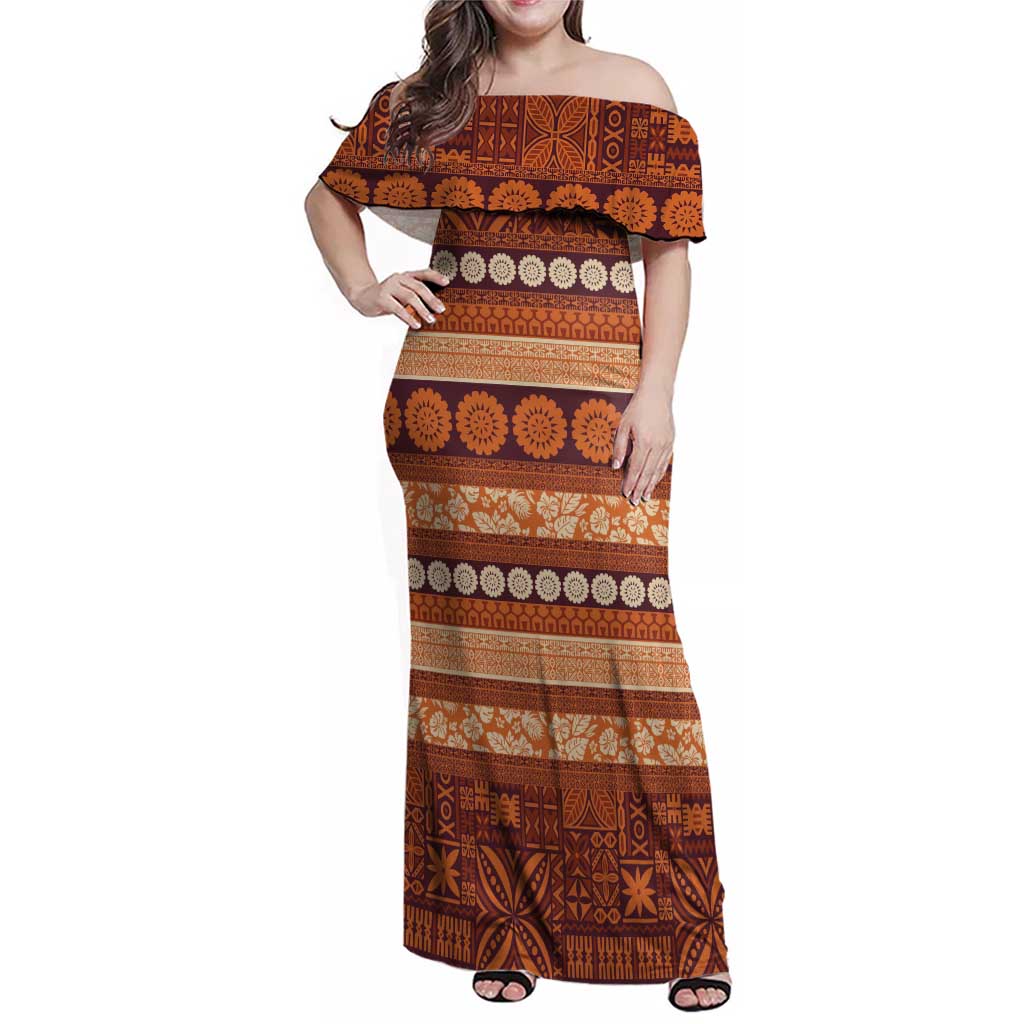 Fiji Marau na Kerisimasi Family Matching Off Shoulder Maxi Dress and Hawaiian Shirt Gold Tapa Masi Inspired Christmas - Polynesian Pride