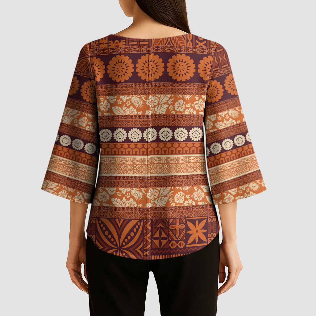 Fiji Marau na Kerisimasi Kimono Sleeve Blouse Gold Tapa Masi Inspired Christmas - Polynesian Pride