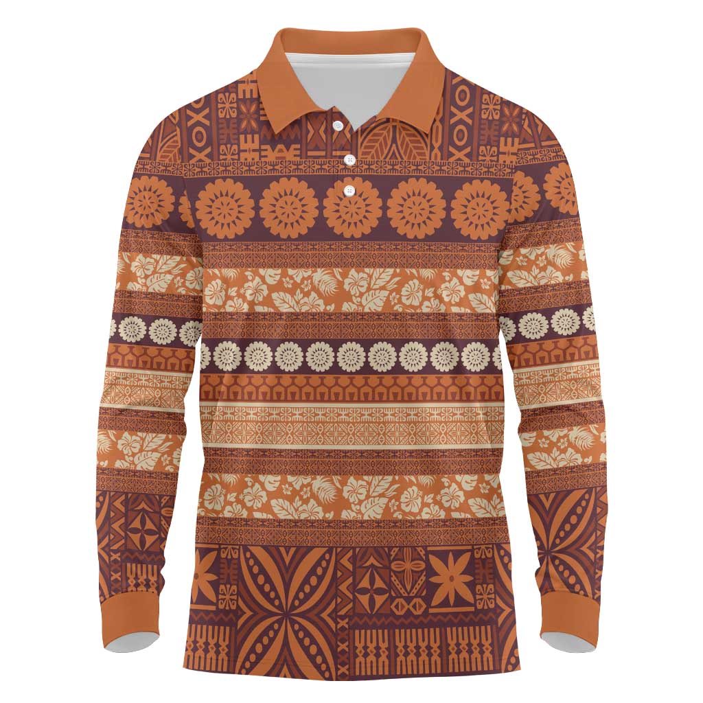 Fiji Marau na Kerisimasi Long Sleeve Polo Shirt Gold Tapa Masi Inspired Christmas - Polynesian Pride