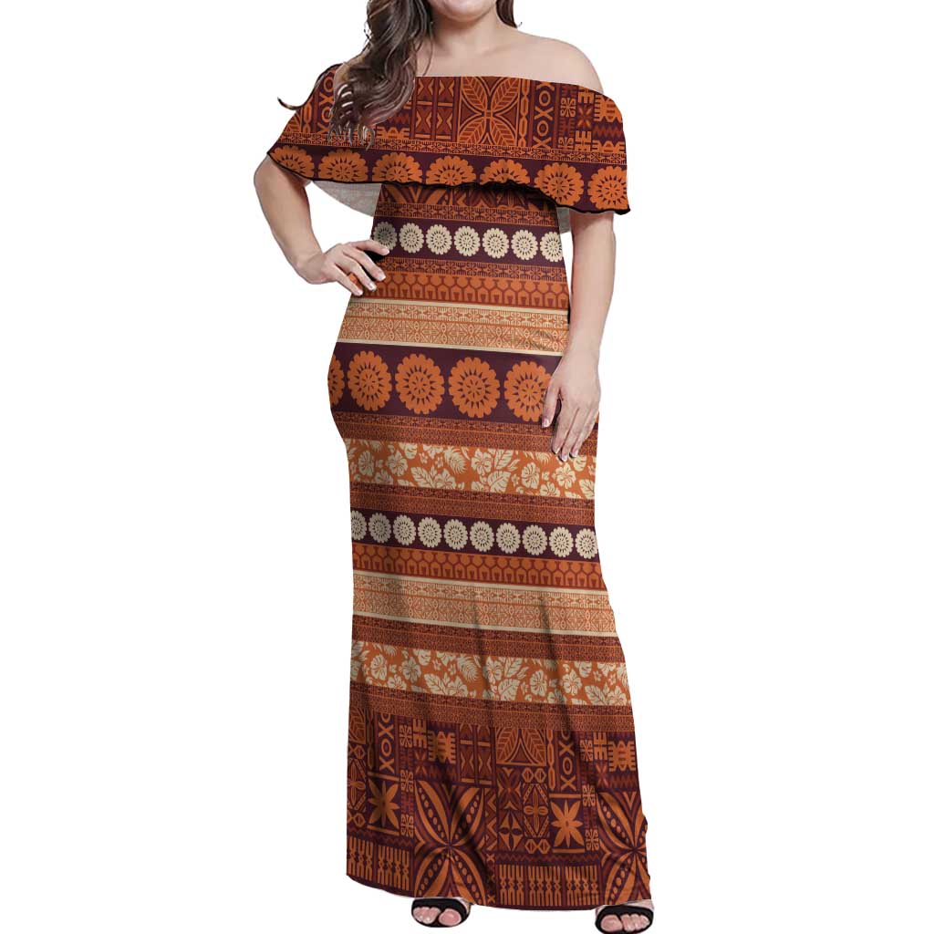 Fiji Marau na Kerisimasi Off Shoulder Maxi Dress Gold Tapa Masi Inspired Christmas - Polynesian Pride