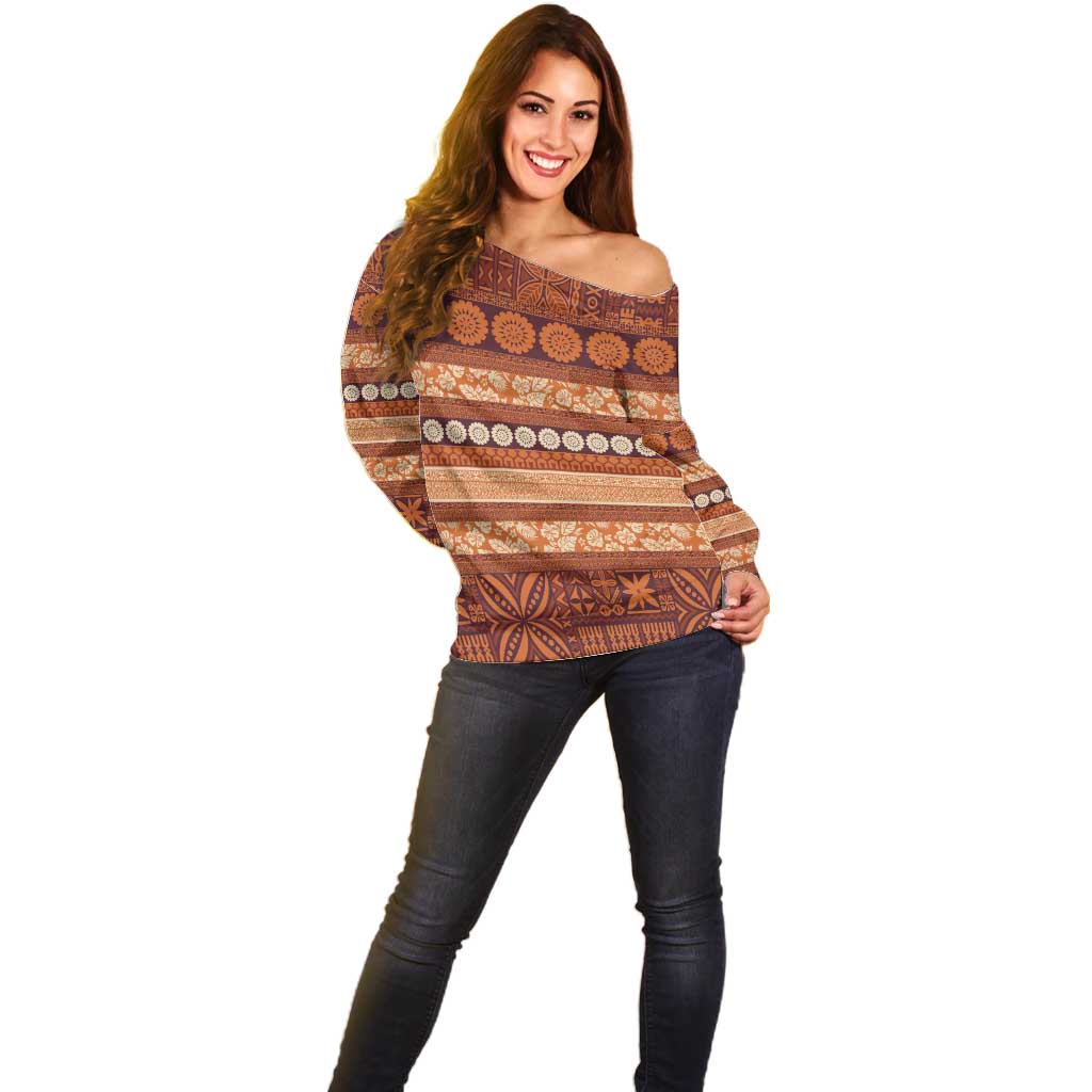 Fiji Marau na Kerisimasi Off Shoulder Sweater Gold Tapa Masi Inspired Christmas - Polynesian Pride