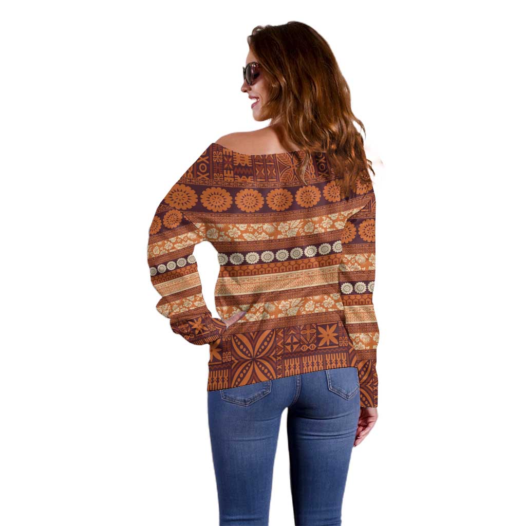 Fiji Marau na Kerisimasi Off Shoulder Sweater Gold Tapa Masi Inspired Christmas - Polynesian Pride