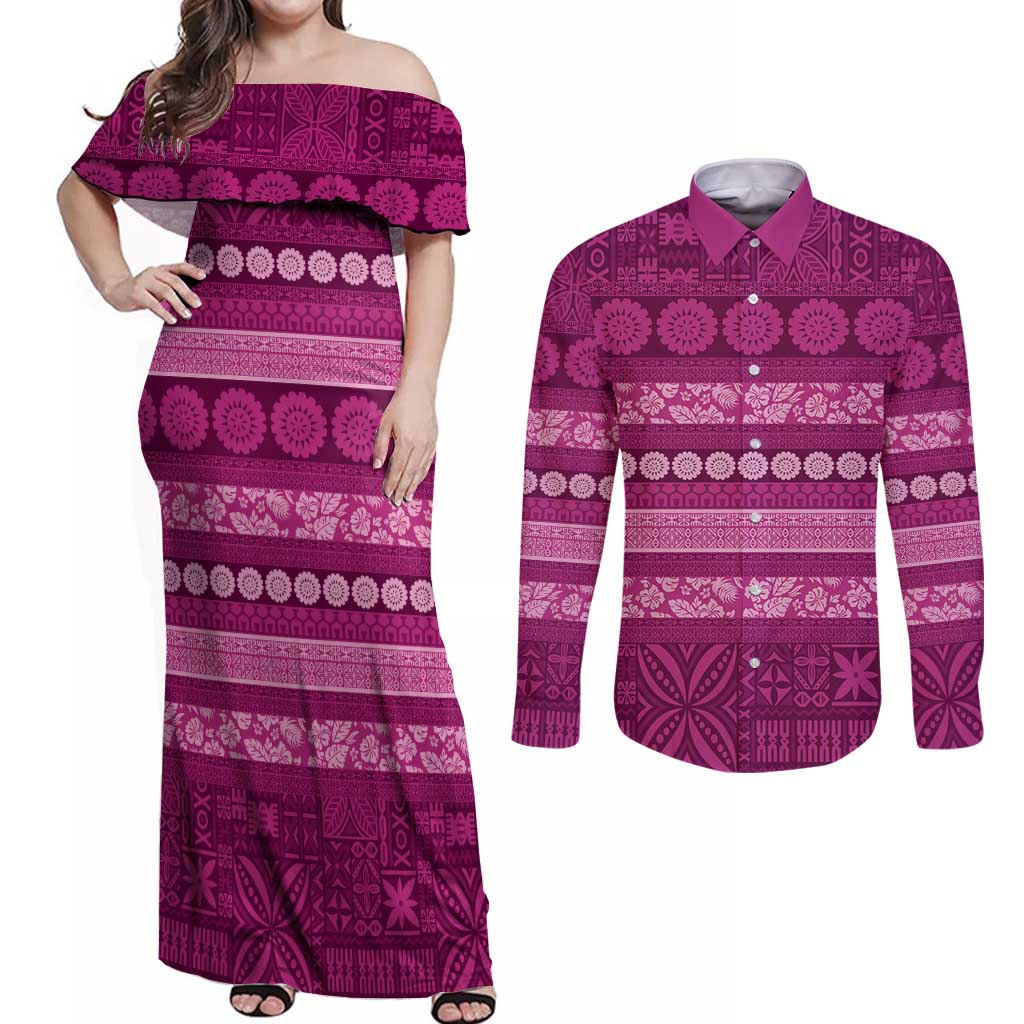 Fiji Marau na Kerisimasi Couples Matching Off Shoulder Maxi Dress and Long Sleeve Button Shirt Pink Tapa Masi Inspired Christmas - Polynesian Pride