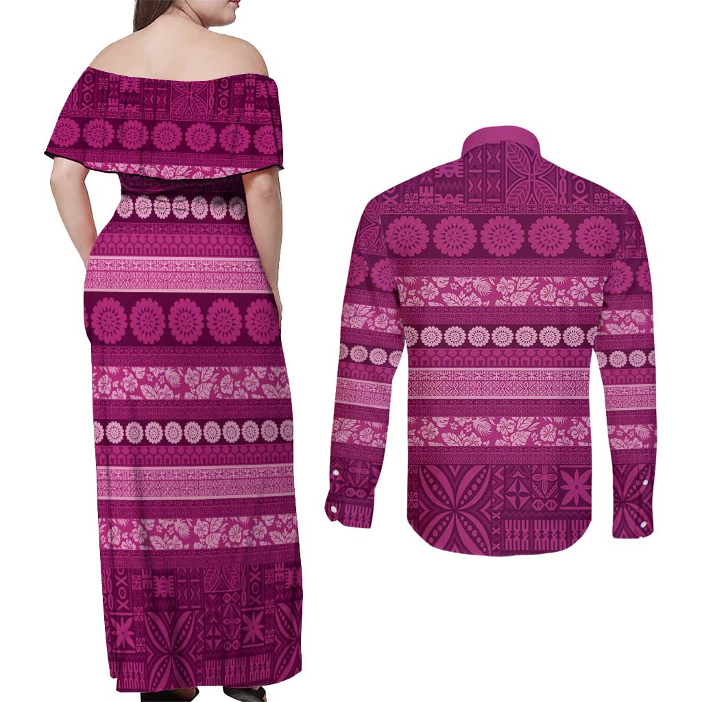 Fiji Marau na Kerisimasi Couples Matching Off Shoulder Maxi Dress and Long Sleeve Button Shirt Pink Tapa Masi Inspired Christmas - Polynesian Pride