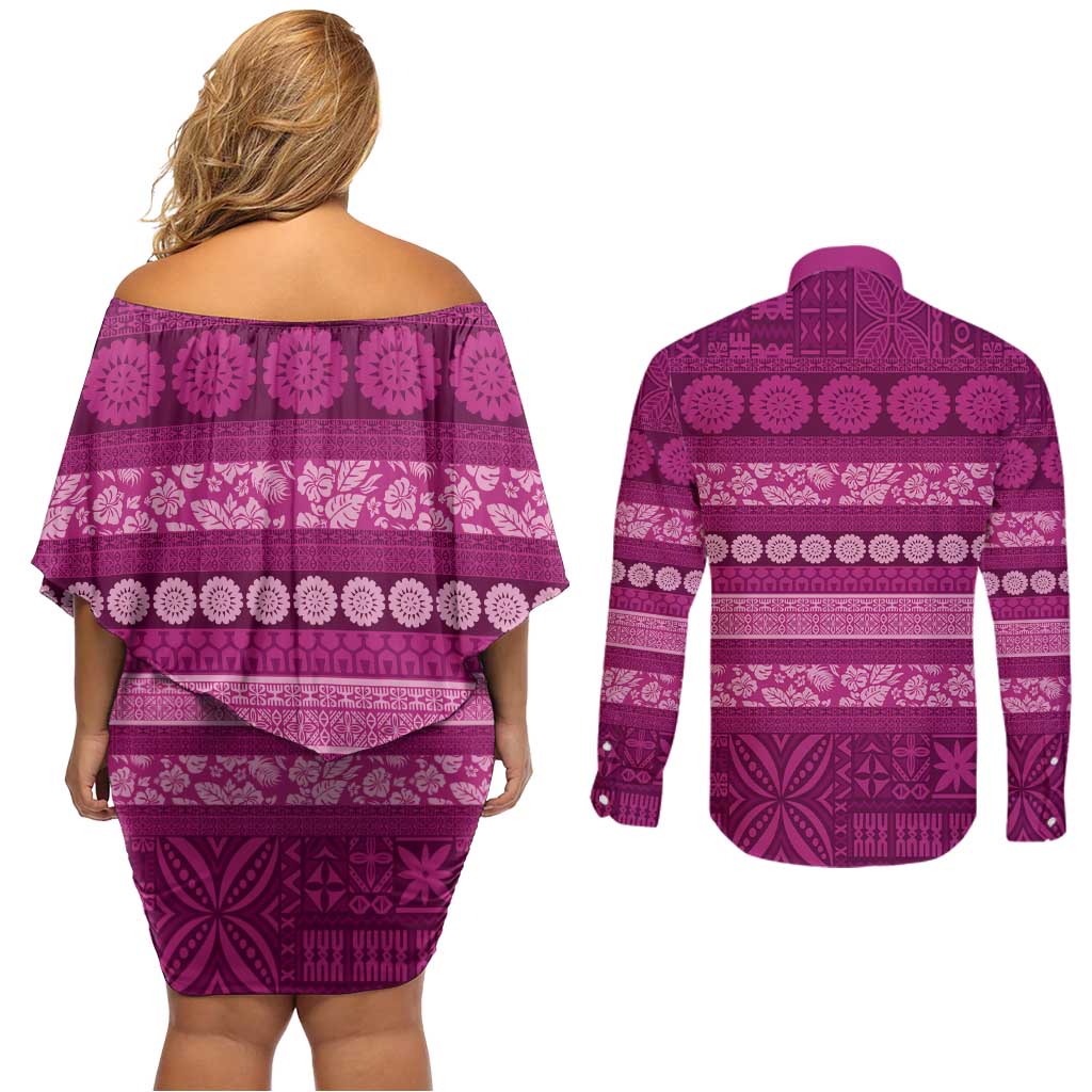 Fiji Marau na Kerisimasi Couples Matching Off Shoulder Short Dress and Long Sleeve Button Shirt Pink Tapa Masi Inspired Christmas - Polynesian Pride