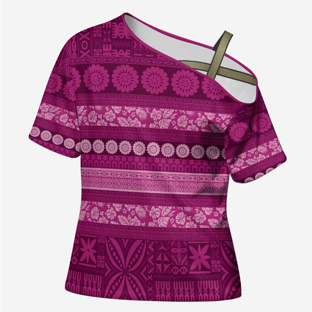 Fiji Marau na Kerisimasi Cross Shoulder Shirt Pink Tapa Masi Inspired Christmas - Polynesian Pride