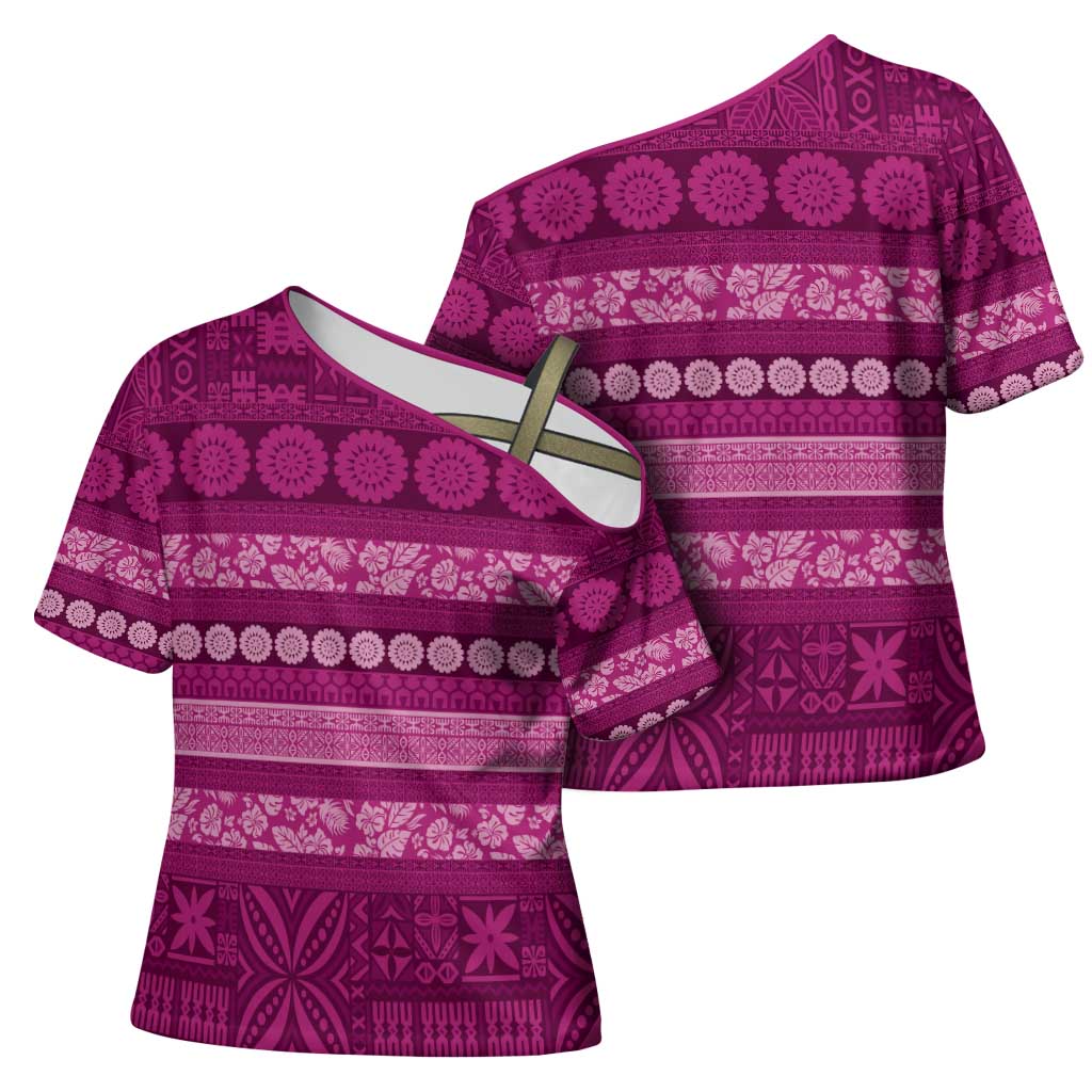Fiji Marau na Kerisimasi Cross Shoulder Shirt Pink Tapa Masi Inspired Christmas - Polynesian Pride