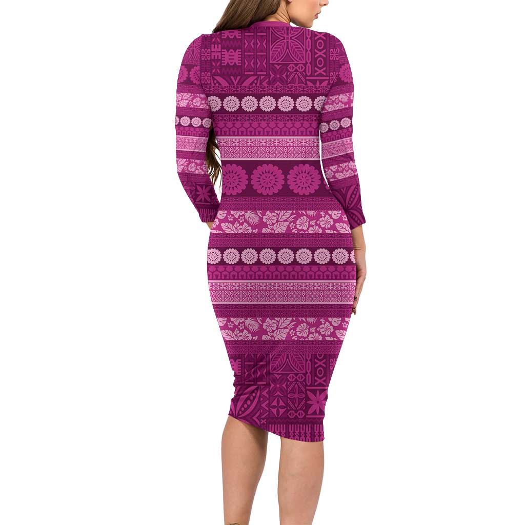 Fiji Marau na Kerisimasi Family Matching Long Sleeve Bodycon Dress and Hawaiian Shirt Pink Tapa Masi Inspired Christmas - Polynesian Pride