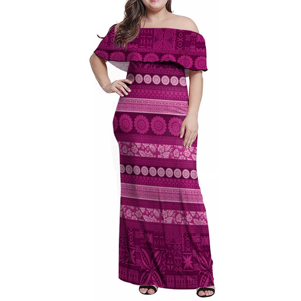 Fiji Marau na Kerisimasi Family Matching Off Shoulder Maxi Dress and Hawaiian Shirt Pink Tapa Masi Inspired Christmas - Polynesian Pride