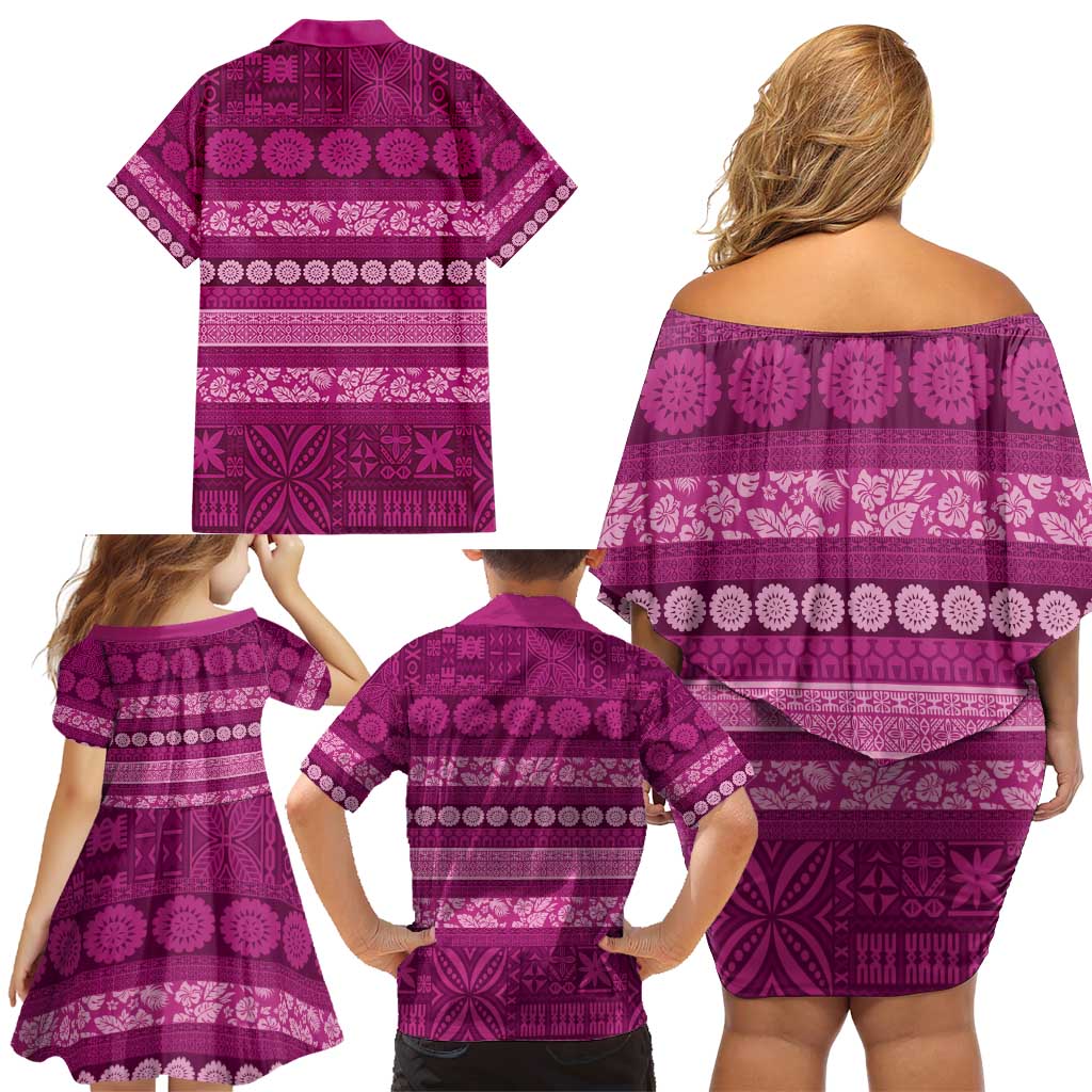 Fiji Marau na Kerisimasi Family Matching Off Shoulder Short Dress and Hawaiian Shirt Pink Tapa Masi Inspired Christmas - Polynesian Pride