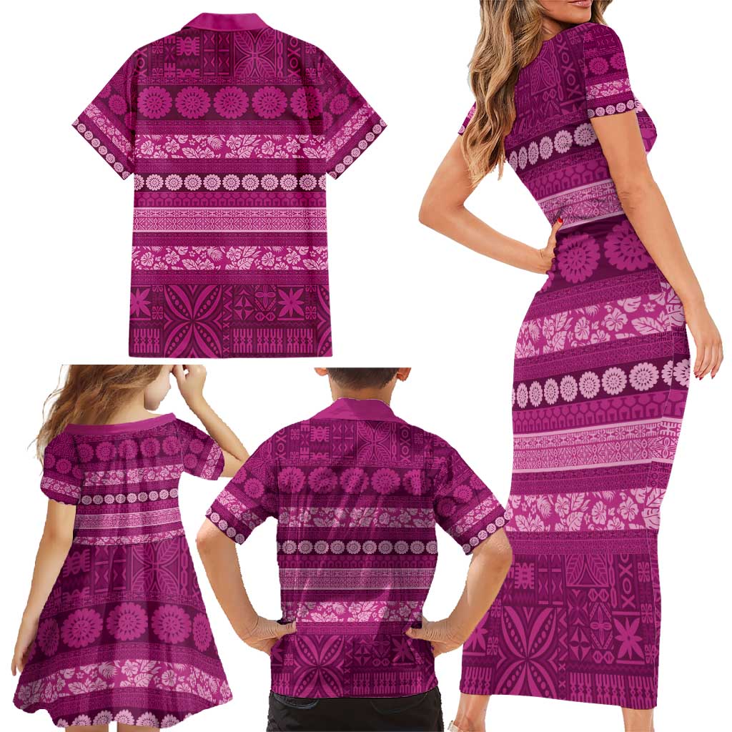 Fiji Marau na Kerisimasi Family Matching Short Sleeve Bodycon Dress and Hawaiian Shirt Pink Tapa Masi Inspired Christmas - Polynesian Pride