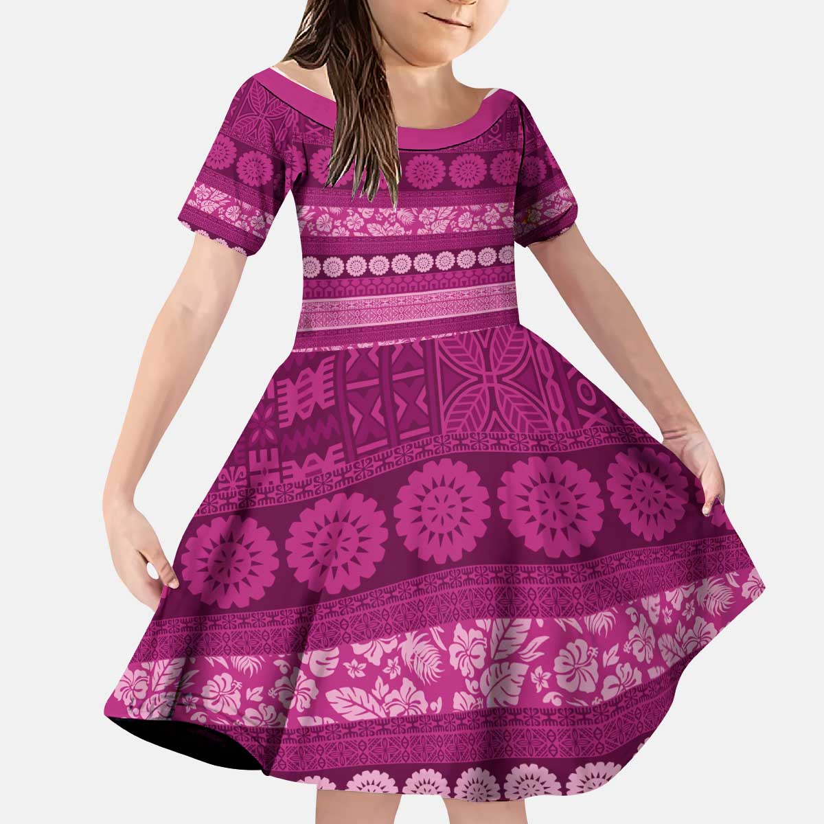 Fiji Marau na Kerisimasi Kid Short Sleeve Dress Pink Tapa Masi Inspired Christmas - Polynesian Pride