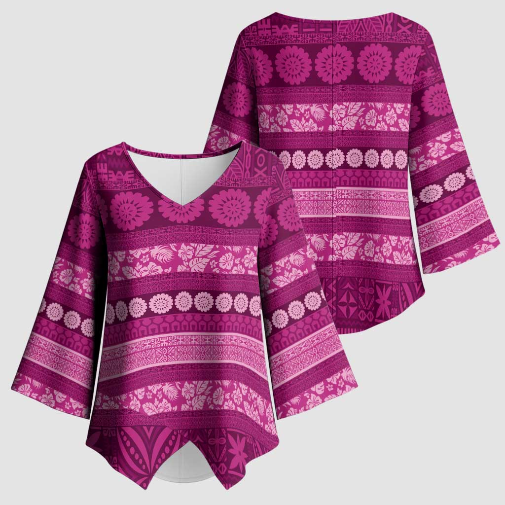 Fiji Marau na Kerisimasi Kimono Sleeve Blouse Pink Tapa Masi Inspired Christmas - Polynesian Pride