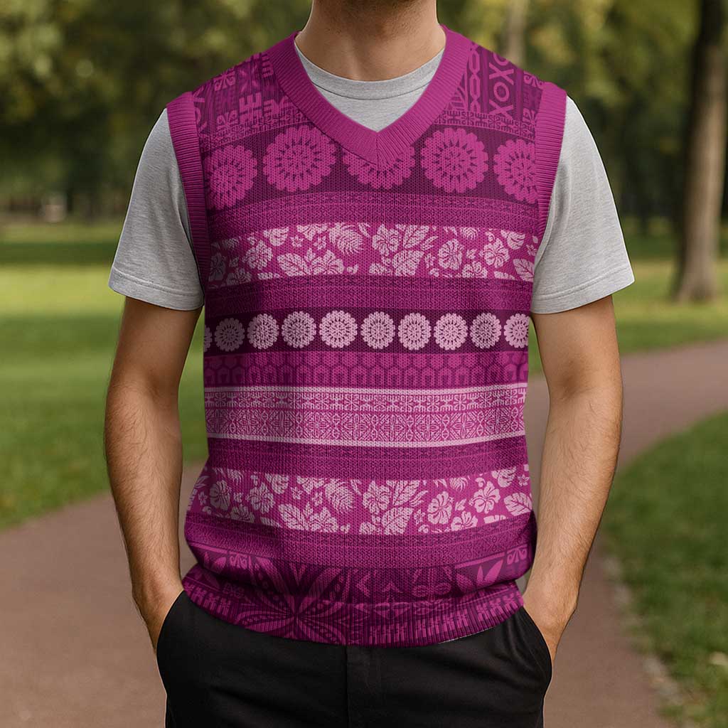 Fiji Marau na Kerisimasi Christmas Knitted V-Neck Vest Pink Tapa Masi Inspired Christmas - Polynesian Pride