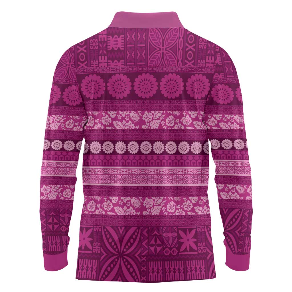 Fiji Marau na Kerisimasi Long Sleeve Polo Shirt Pink Tapa Masi Inspired Christmas - Polynesian Pride