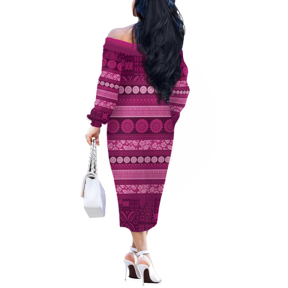 Fiji Marau na Kerisimasi Off The Shoulder Long Sleeve Dress Pink Tapa Masi Inspired Christmas - Polynesian Pride