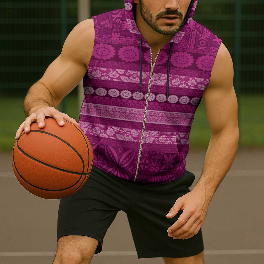 Fiji Marau na Kerisimasi Sleeveless Zip Hoodie Pink Tapa Masi Inspired Christmas - Polynesian Pride