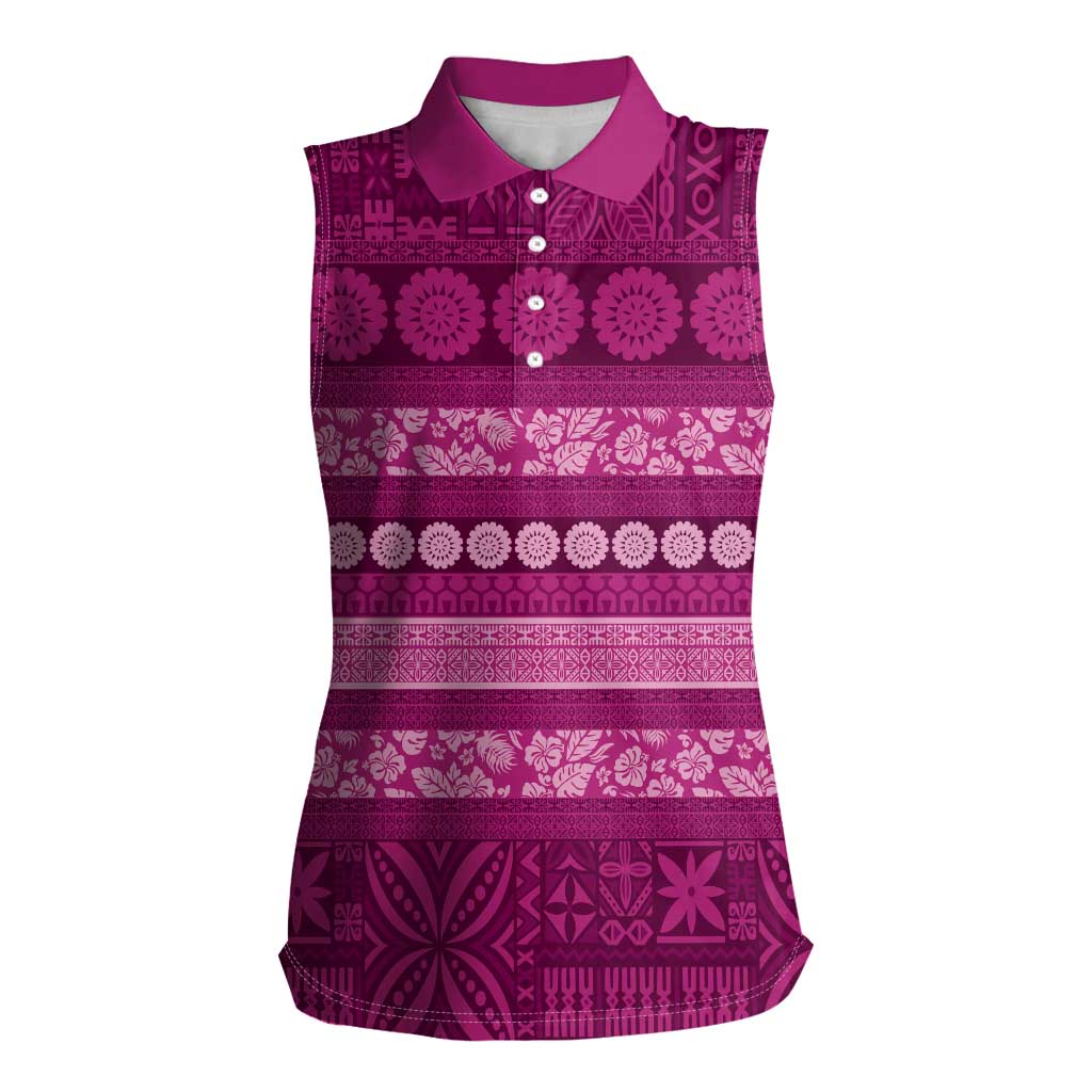 Fiji Marau na Kerisimasi Women Sleeveless Polo Shirt Pink Tapa Masi Inspired Christmas - Polynesian Pride