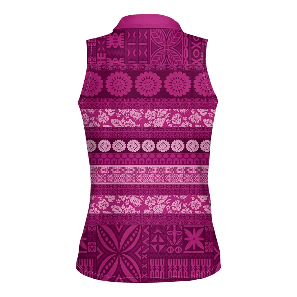Fiji Marau na Kerisimasi Women Sleeveless Polo Shirt Pink Tapa Masi Inspired Christmas - Polynesian Pride
