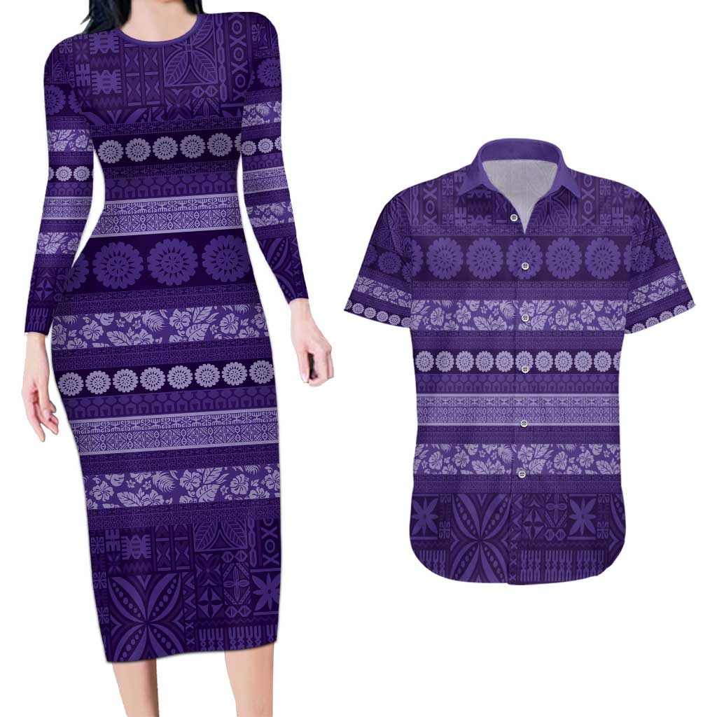 Fiji Marau na Kerisimasi Couples Matching Long Sleeve Bodycon Dress and Hawaiian Shirt Purple Tapa Masi Inspired Christmas - Polynesian Pride