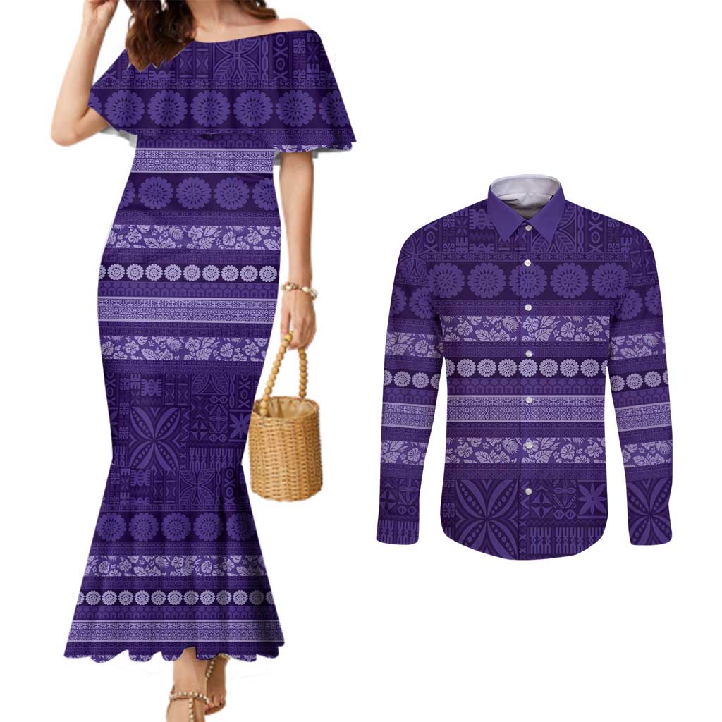 Fiji Marau na Kerisimasi Couples Matching Mermaid Dress and Long Sleeve Button Shirt Purple Tapa Masi Inspired Christmas - Polynesian Pride