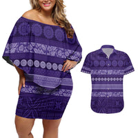 Fiji Marau na Kerisimasi Couples Matching Off Shoulder Short Dress and Hawaiian Shirt Purple Tapa Masi Inspired Christmas - Polynesian Pride