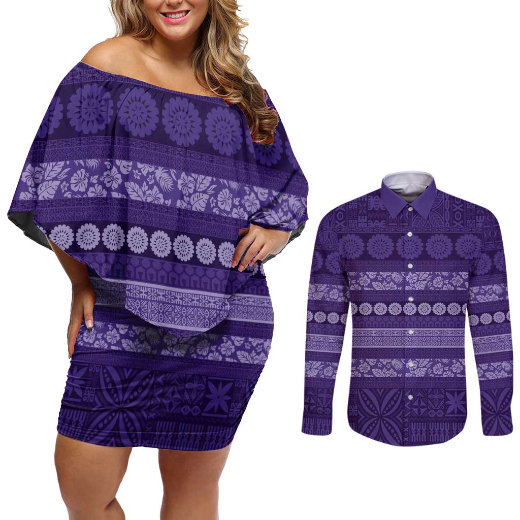Fiji Marau na Kerisimasi Couples Matching Off Shoulder Short Dress and Long Sleeve Button Shirt Purple Tapa Masi Inspired Christmas - Polynesian Pride