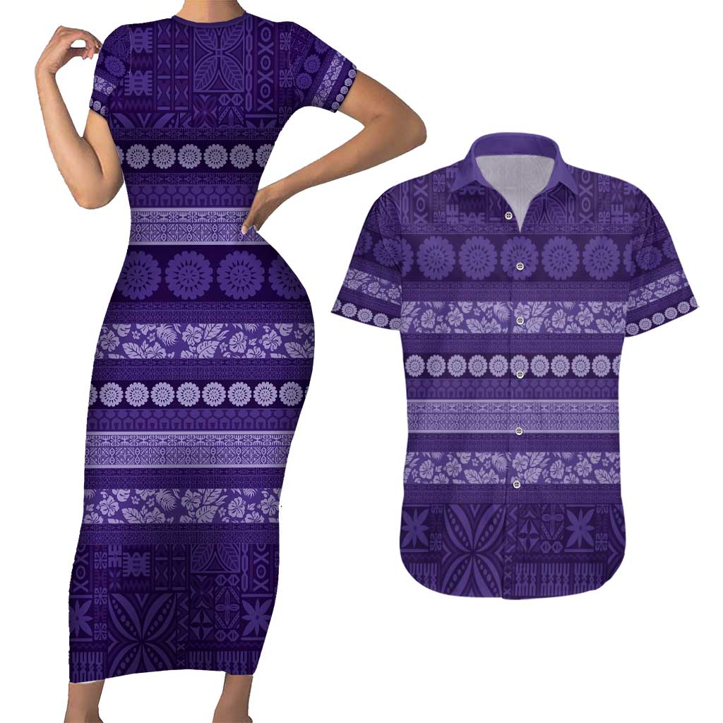 Fiji Marau na Kerisimasi Couples Matching Short Sleeve Bodycon Dress and Hawaiian Shirt Purple Tapa Masi Inspired Christmas - Polynesian Pride
