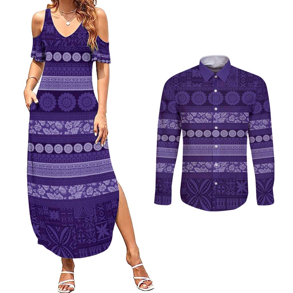 Fiji Marau na Kerisimasi Couples Matching Summer Maxi Dress and Long Sleeve Button Shirt Purple Tapa Masi Inspired Christmas - Polynesian Pride