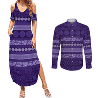Fiji Marau na Kerisimasi Couples Matching Summer Maxi Dress and Long Sleeve Button Shirt Purple Tapa Masi Inspired Christmas - Polynesian Pride