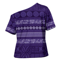 Fiji Marau na Kerisimasi Cross Shoulder Shirt Purple Tapa Masi Inspired Christmas - Polynesian Pride