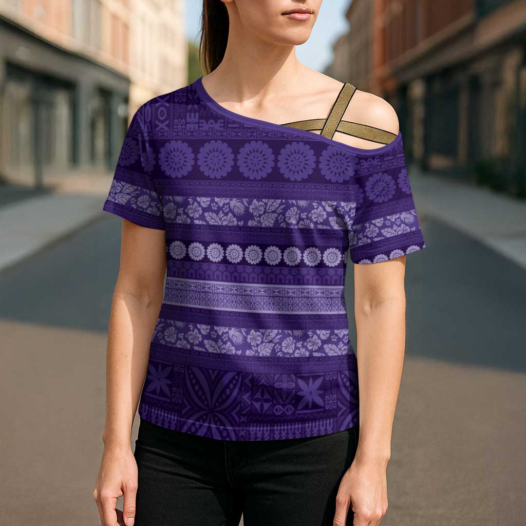 Fiji Marau na Kerisimasi Cross Shoulder Shirt Purple Tapa Masi Inspired Christmas - Polynesian Pride