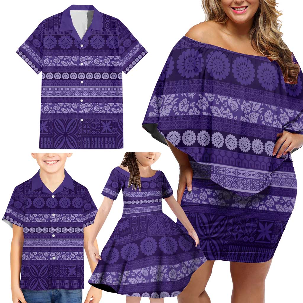Fiji Marau na Kerisimasi Family Matching Off Shoulder Short Dress and Hawaiian Shirt Purple Tapa Masi Inspired Christmas - Polynesian Pride