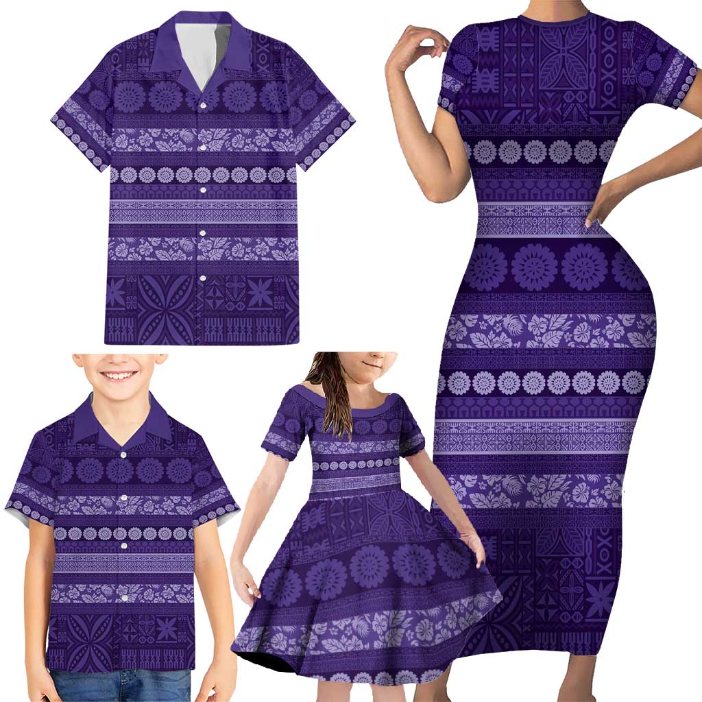 Fiji Marau na Kerisimasi Family Matching Short Sleeve Bodycon Dress and Hawaiian Shirt Purple Tapa Masi Inspired Christmas - Polynesian Pride
