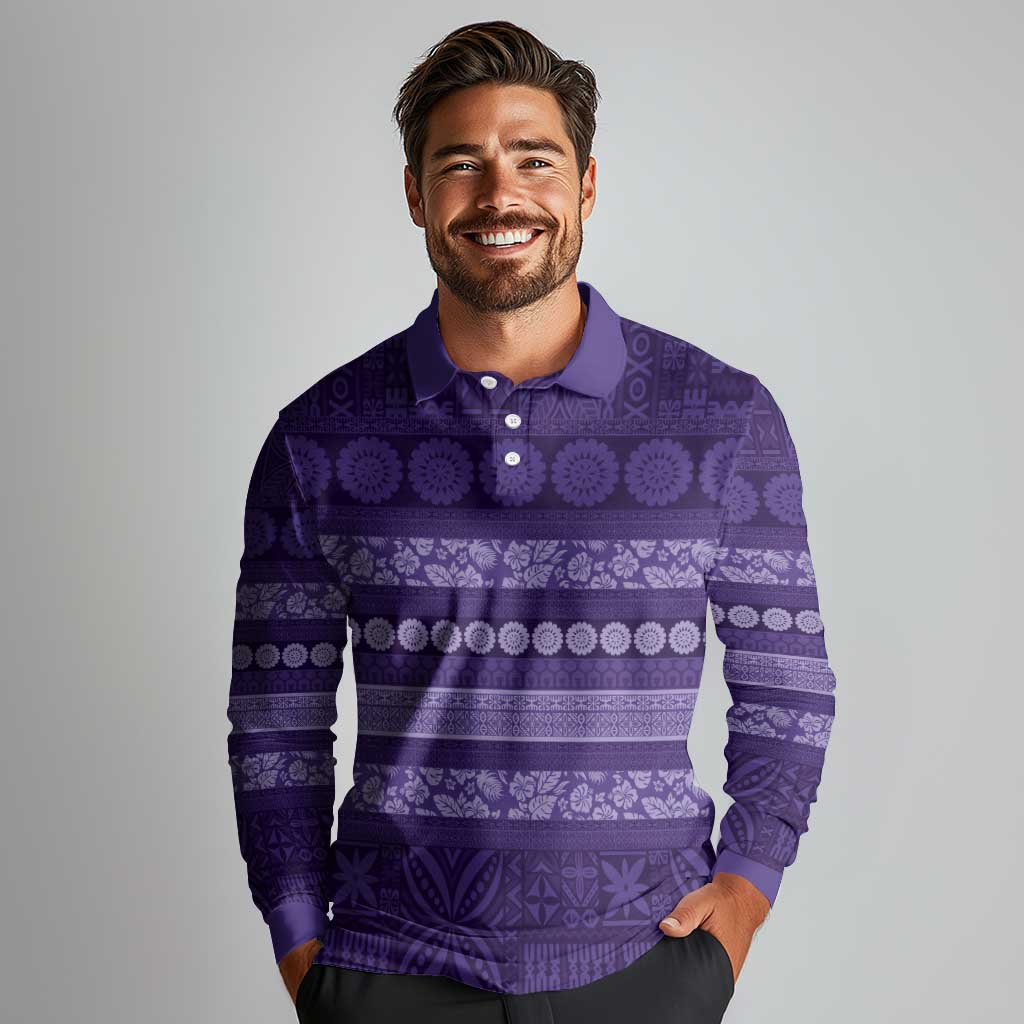 Fiji Marau na Kerisimasi Long Sleeve Polo Shirt Purple Tapa Masi Inspired Christmas - Polynesian Pride