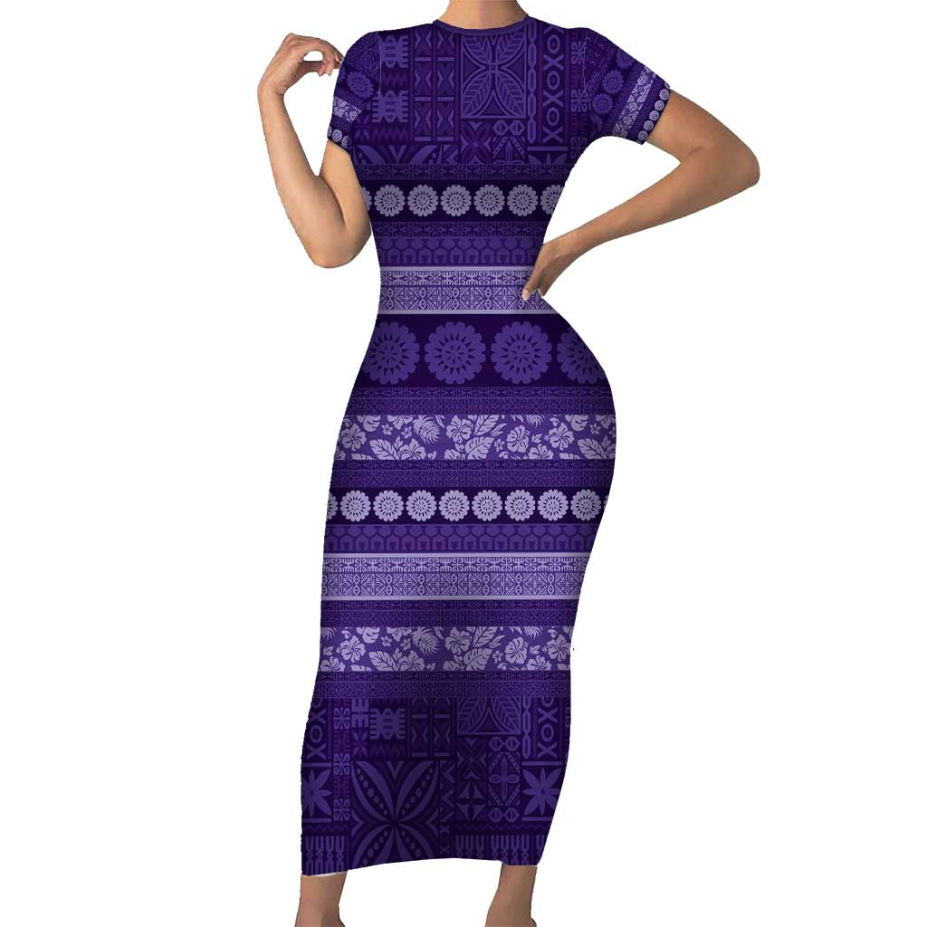 Fiji Marau na Kerisimasi Short Sleeve Bodycon Dress Purple Tapa Masi Inspired Christmas - Polynesian Pride