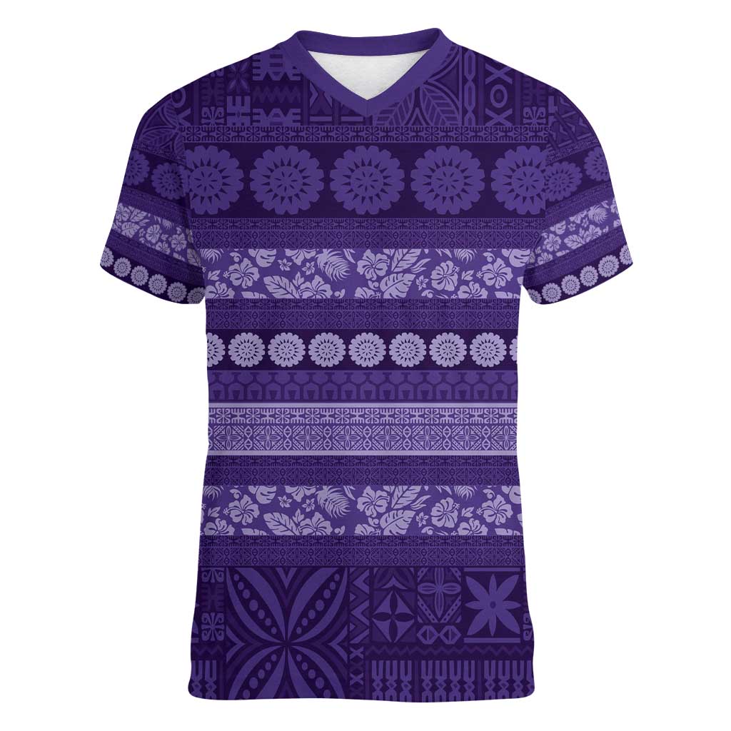 Fiji Marau na Kerisimasi Women V-Neck T-Shirt Purple Tapa Masi Inspired Christmas - Polynesian Pride
