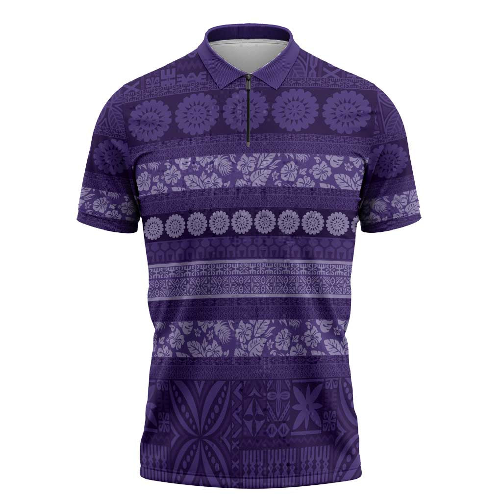 Fiji Marau na Kerisimasi Zipper Polo Shirt Purple Tapa Masi Inspired Christmas - Polynesian Pride