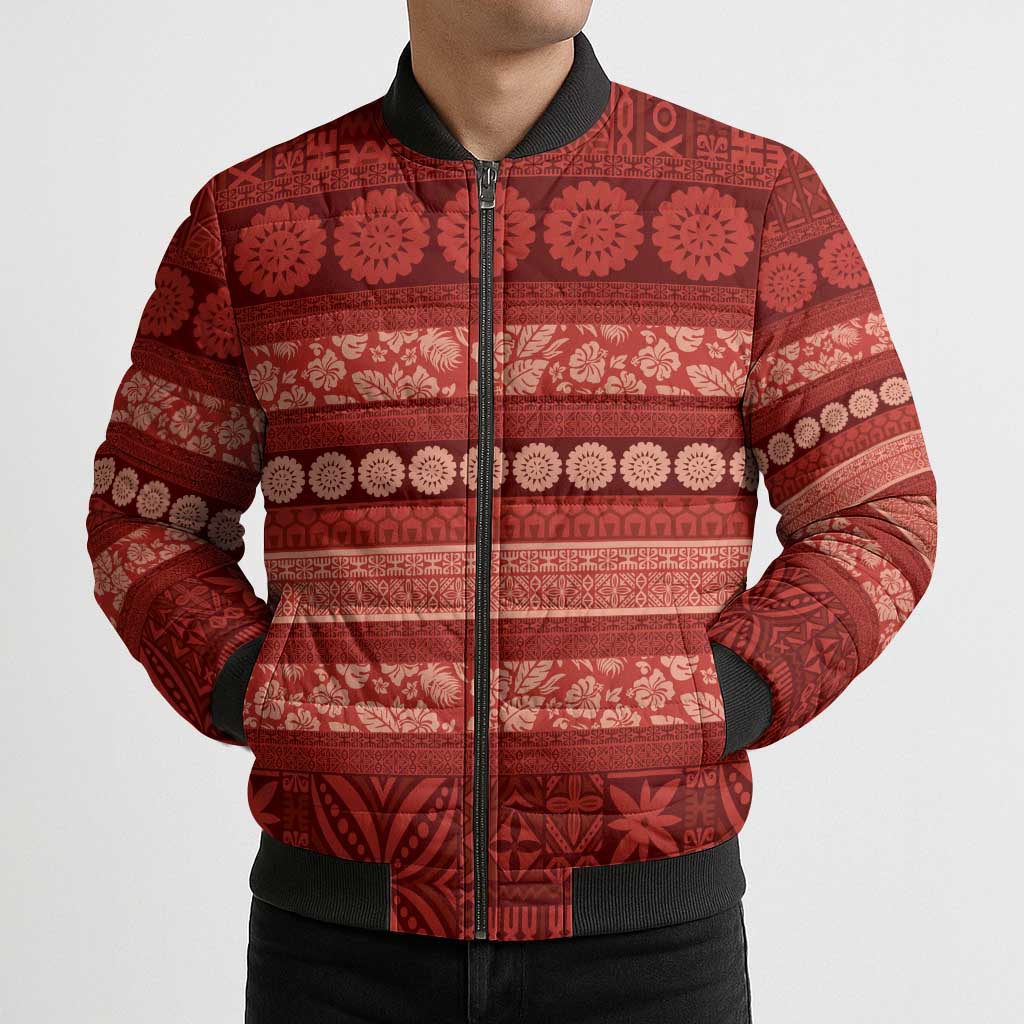 Fiji Marau na Kerisimasi Bomber Puffer Jacket Red Tapa Masi Inspired Christmas - Polynesian Pride