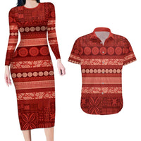 Fiji Marau na Kerisimasi Couples Matching Long Sleeve Bodycon Dress and Hawaiian Shirt Red Tapa Masi Inspired Christmas - Polynesian Pride